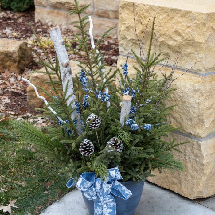 This image shows a close-up view of a festive outdoor Christmas holiday planter with decorations and a blue ribbon bow.
