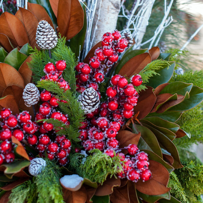 A beautiful Christmas arrangement with pinecones and berries.